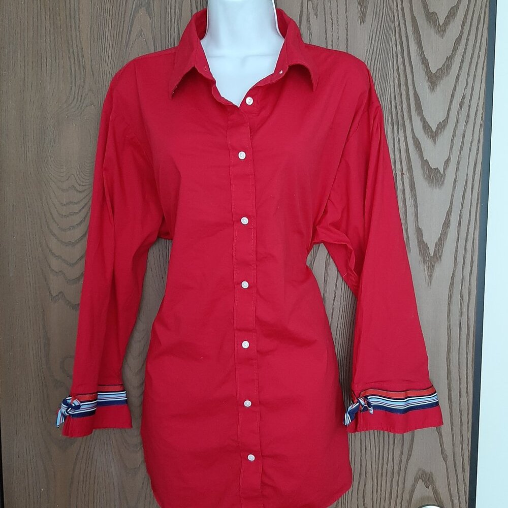 Pearly Vine Stretch Red Ladies Button Up Blouse 3XL Striped Sleeve Collar